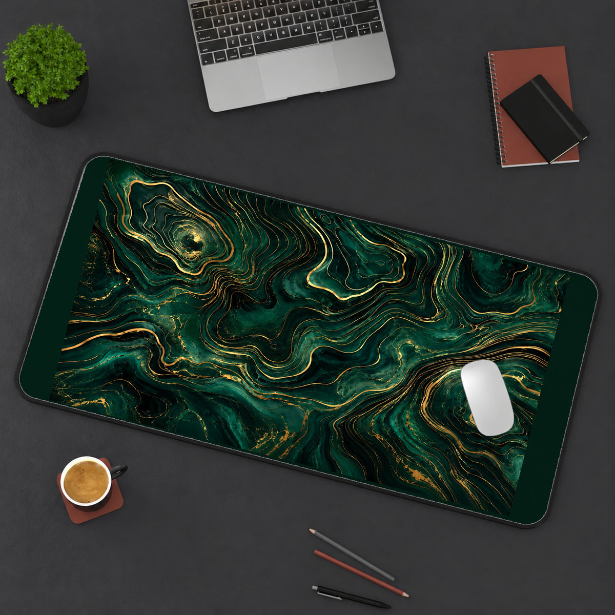 Emerald Flowing Gold Contours desk mat — product mockup 3