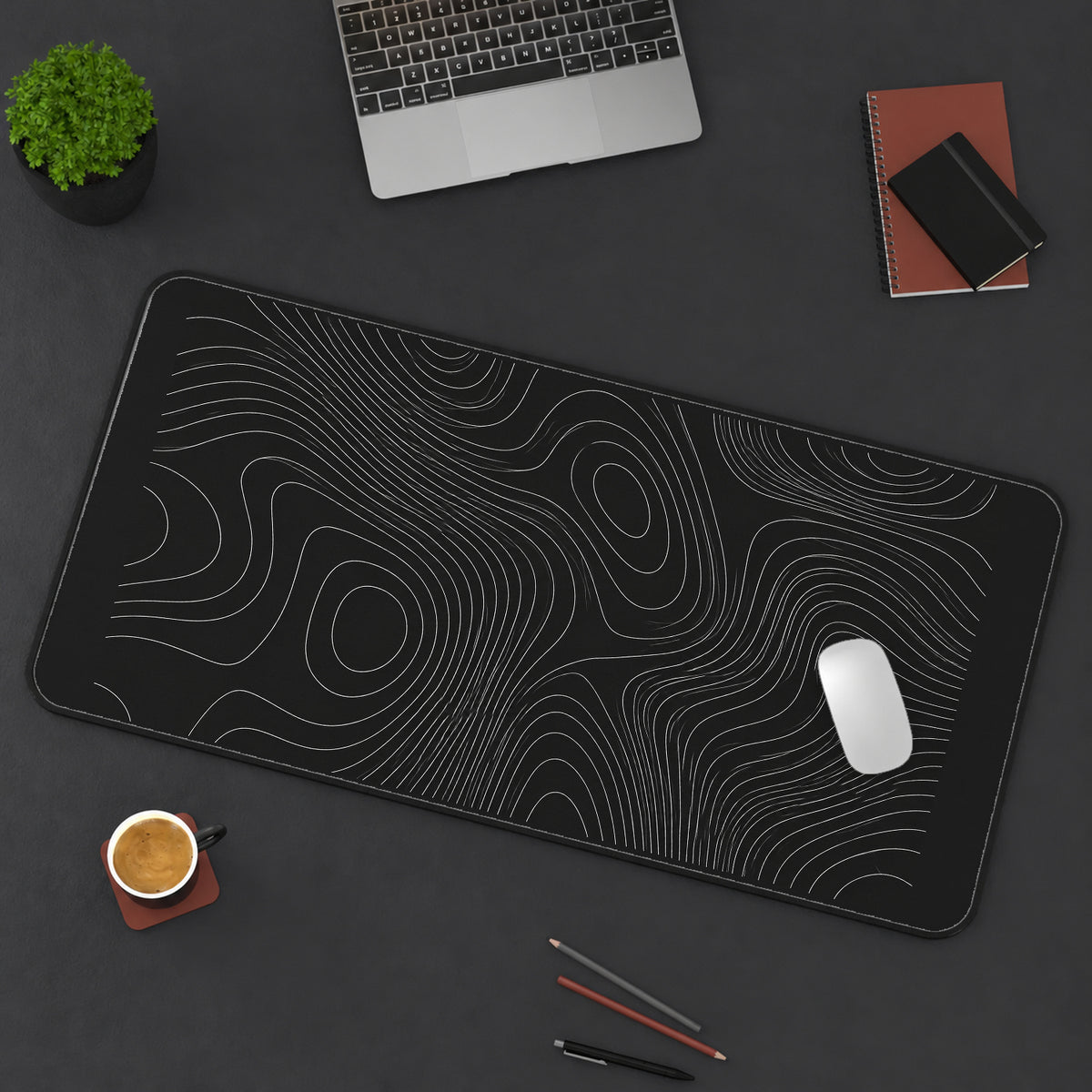 Fine White Topographic Contours desk mat — product mockup 3