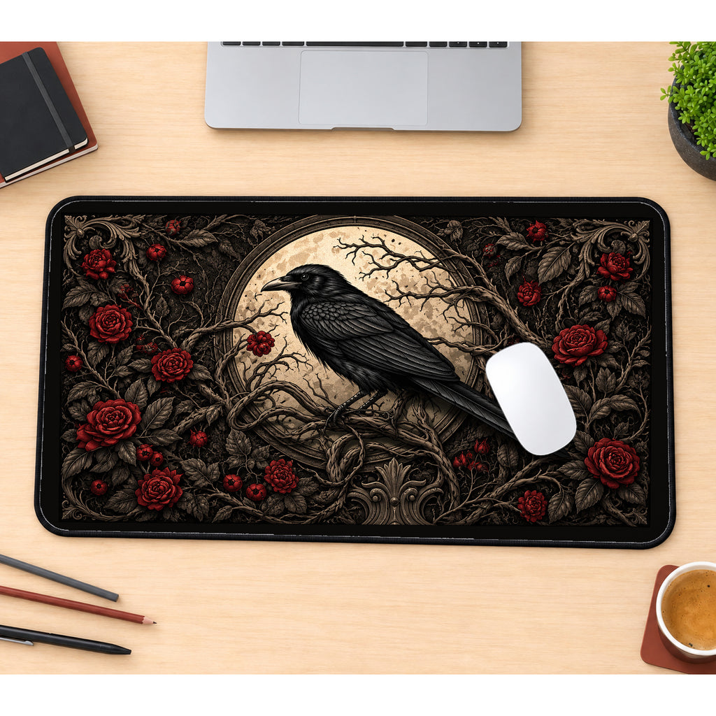 Raven and Red Roses at the Moon desk mat — product mockup 1
