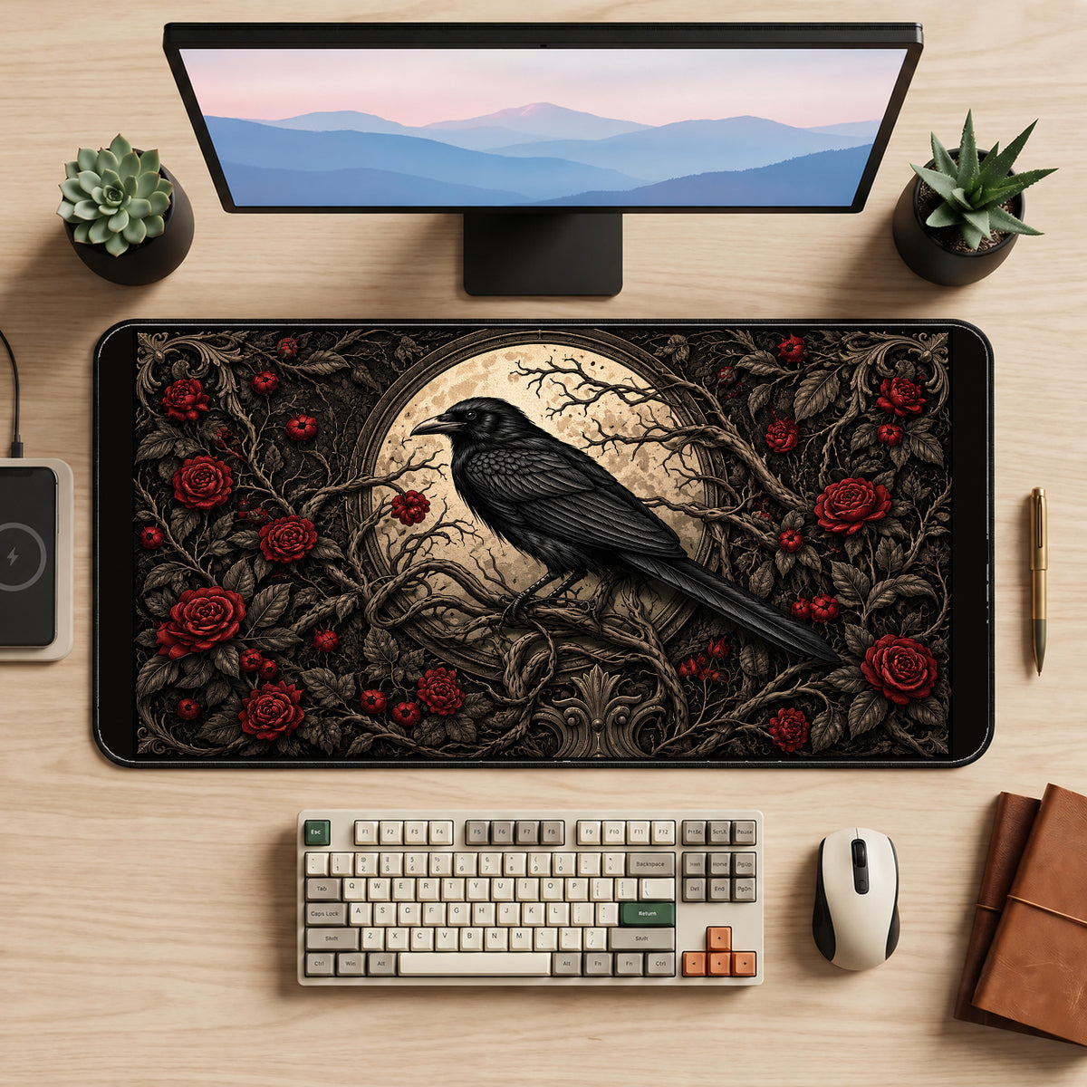 Raven and Red Roses at the Moon desk mat — product mockup 2