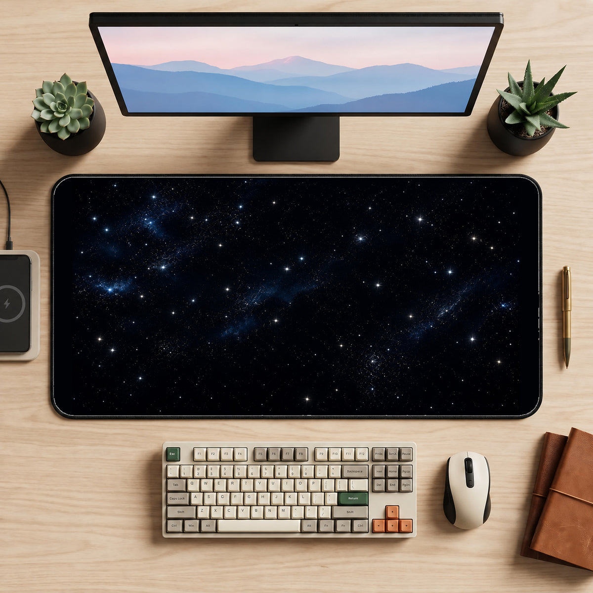 Deep Navy Scattered Starfield desk mat — product mockup 2