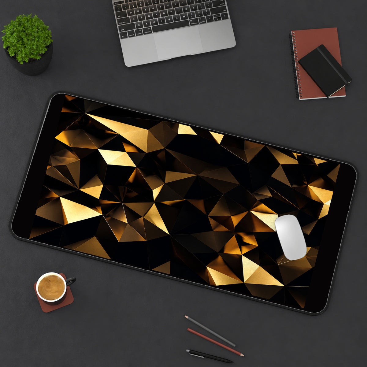 Black and Gold Faceted Triangles desk mat — product mockup 3