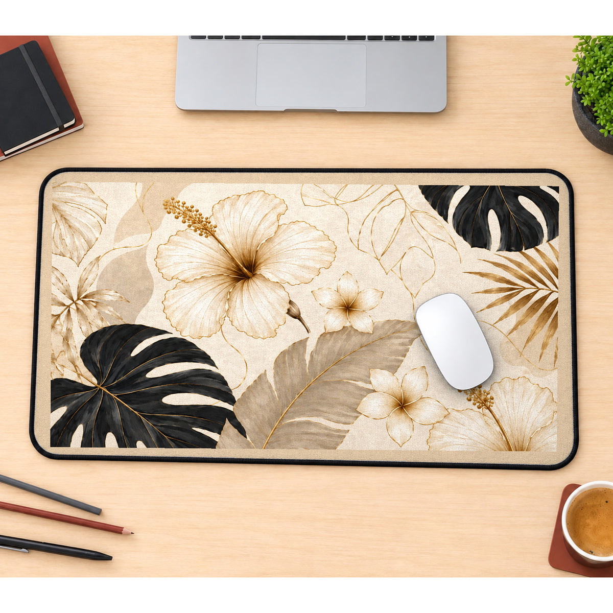 Neutral Hibiscus and Monstera desk mat — product mockup 1