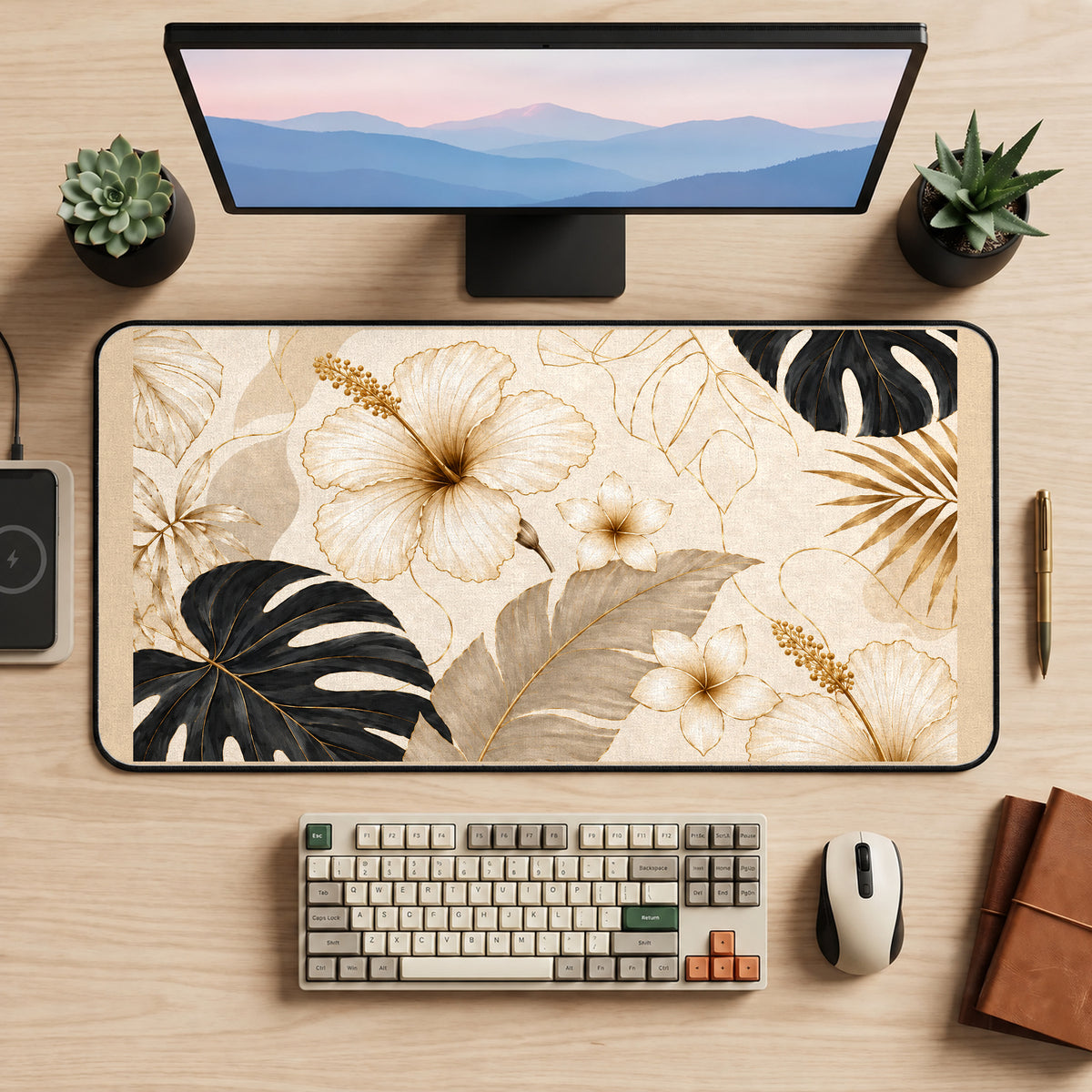 Neutral Hibiscus and Monstera desk mat — product mockup 2