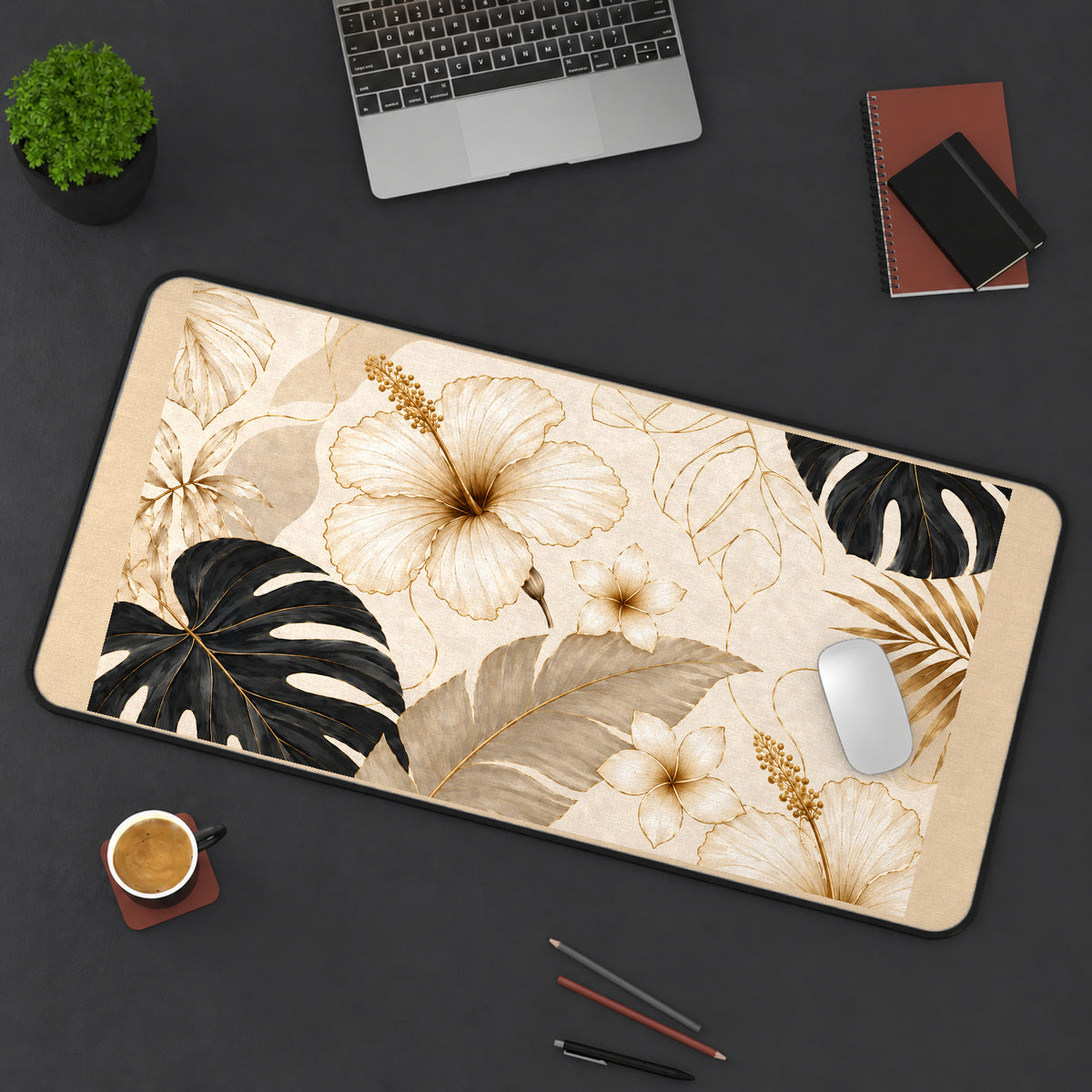 Neutral Hibiscus and Monstera desk mat — product mockup 3