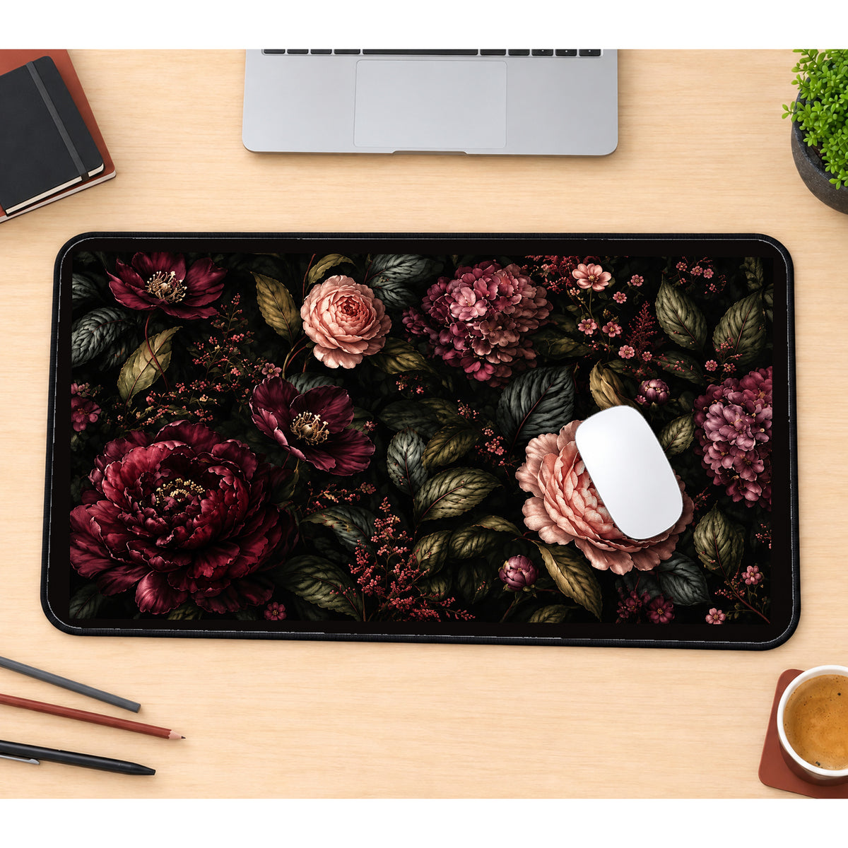 Burgundy and Blush Night Flowers desk mat — product mockup 1