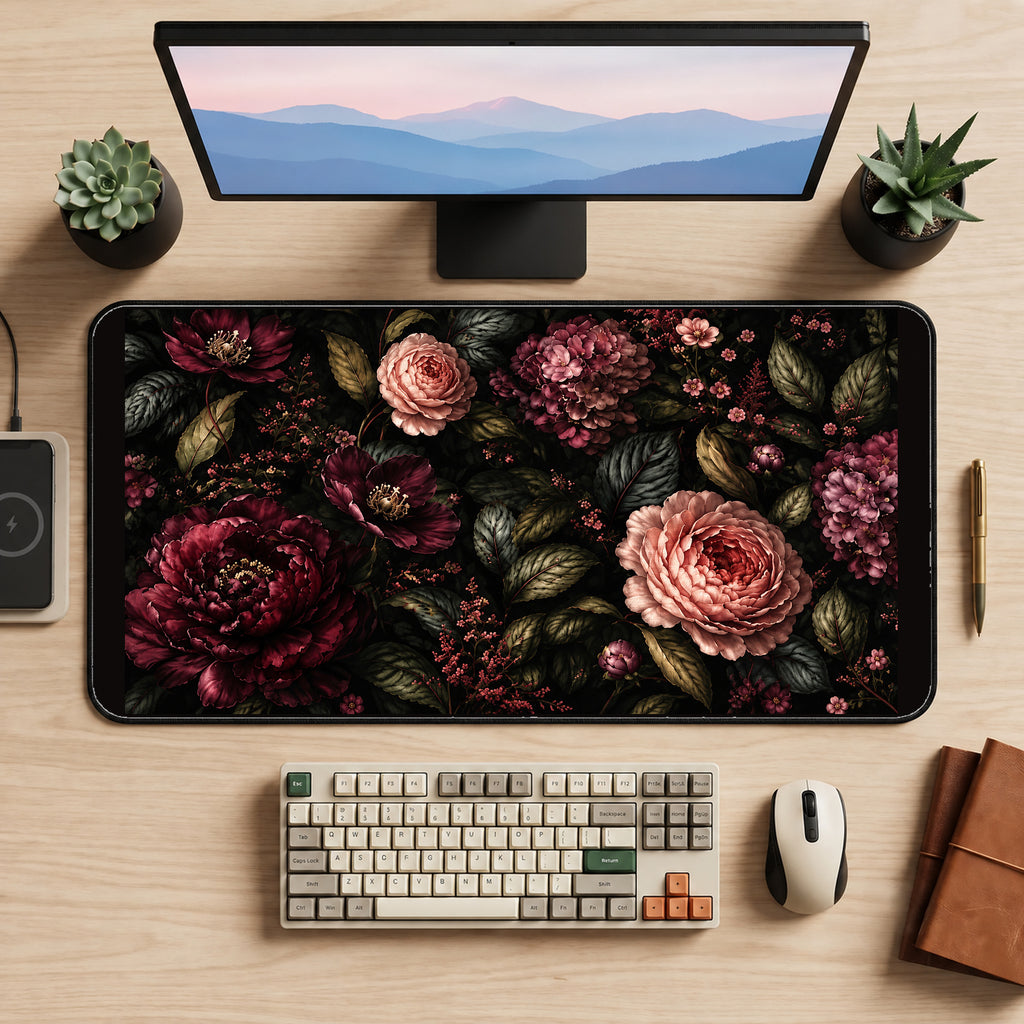 Burgundy and Blush Night Flowers desk mat — product mockup 2