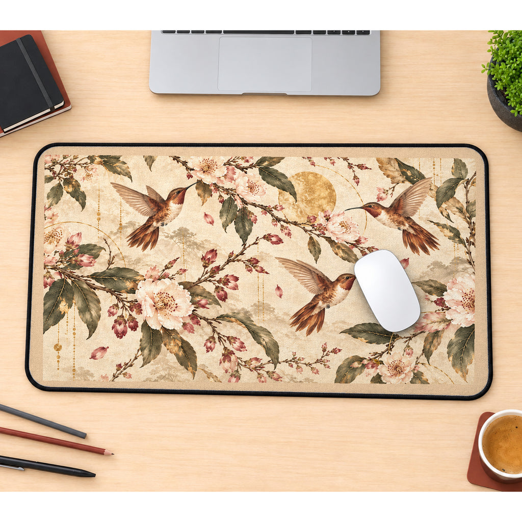 Vintage Hummingbirds and Blossoms desk mat — product mockup 1