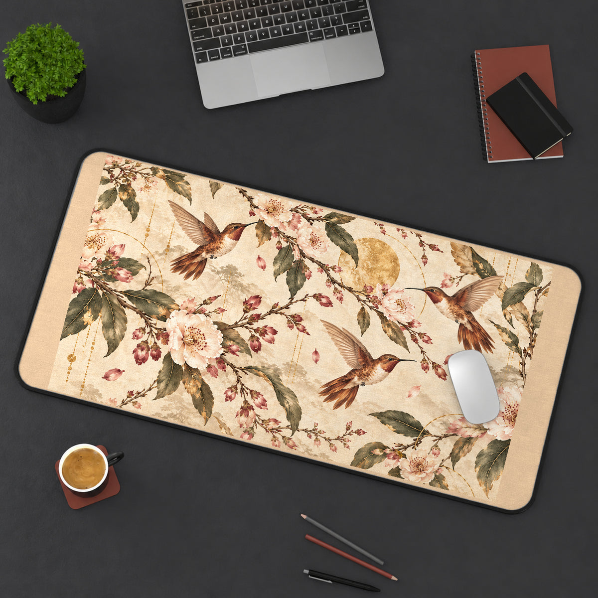 Vintage Hummingbirds and Blossoms desk mat — product mockup 3