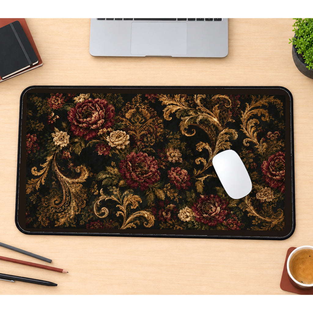 Burgundy Baroque Flower Scrolls desk mat — product mockup 1