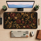Burgundy Baroque Flower Scrolls desk mat — product mockup 2