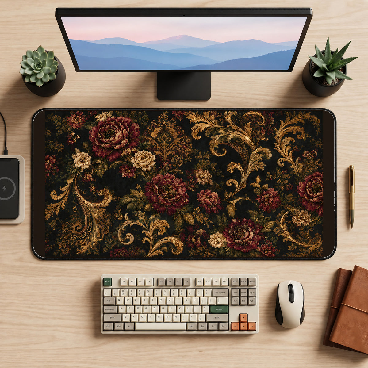 Burgundy Baroque Flower Scrolls desk mat — product mockup 2
