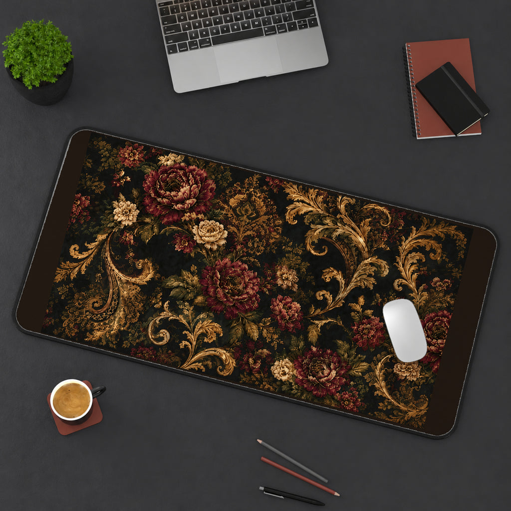 Burgundy Baroque Flower Scrolls desk mat — product mockup 3