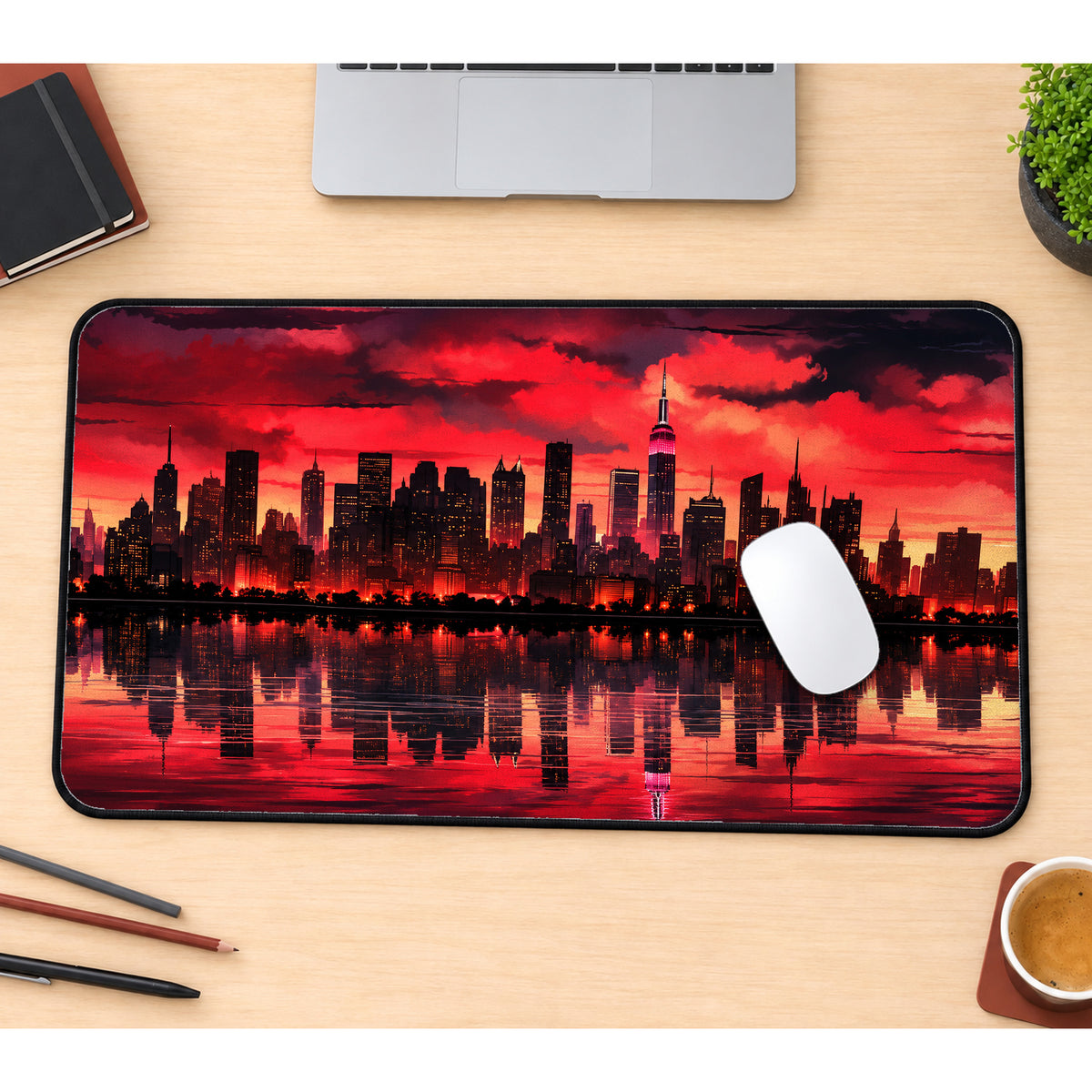 Red City Skyline Desk Mat — product mockup 1