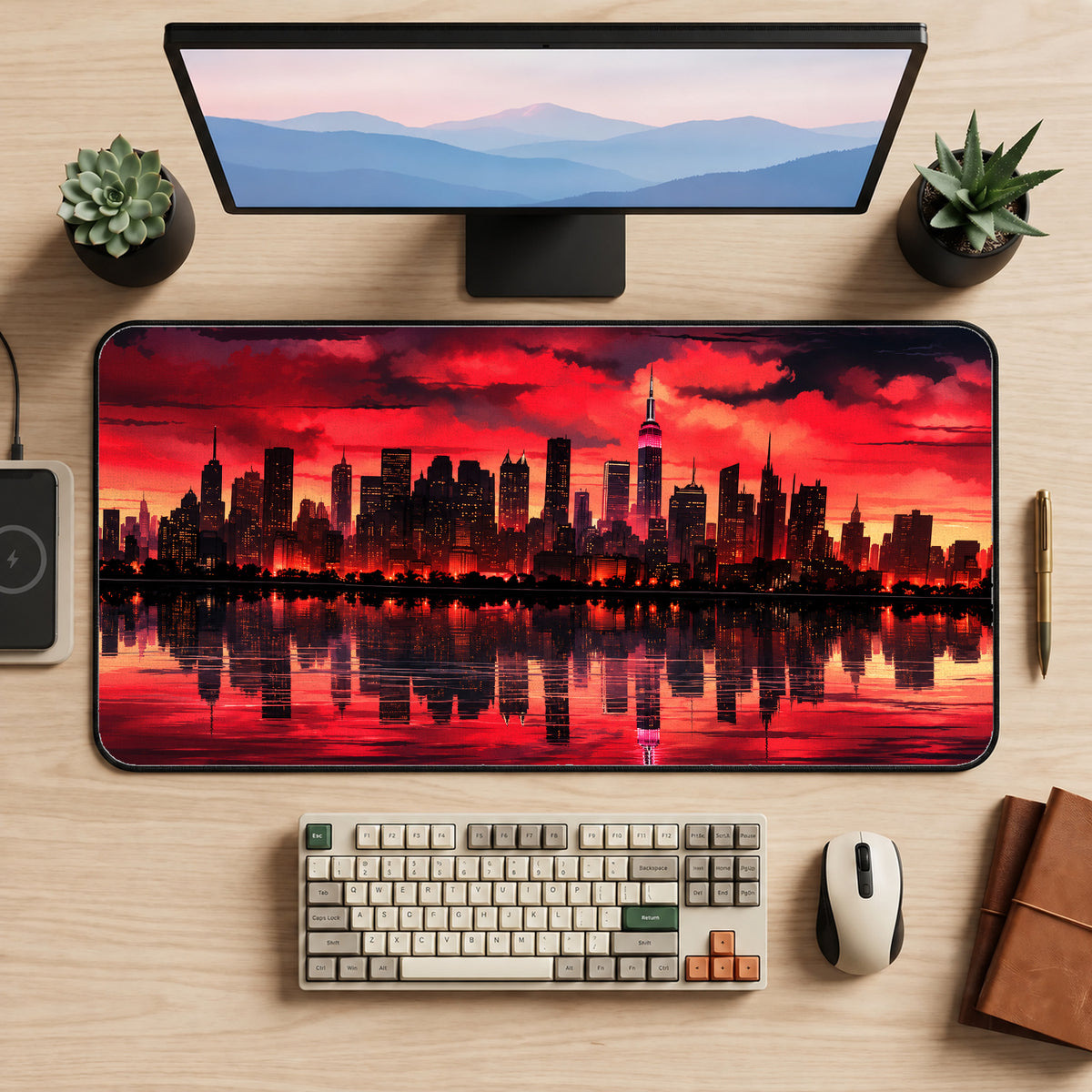 Red City Skyline Desk Mat — product mockup 2