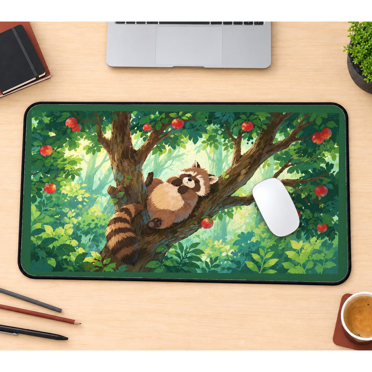 Raccoon in an Apple Tree desk mat — product mockup 1