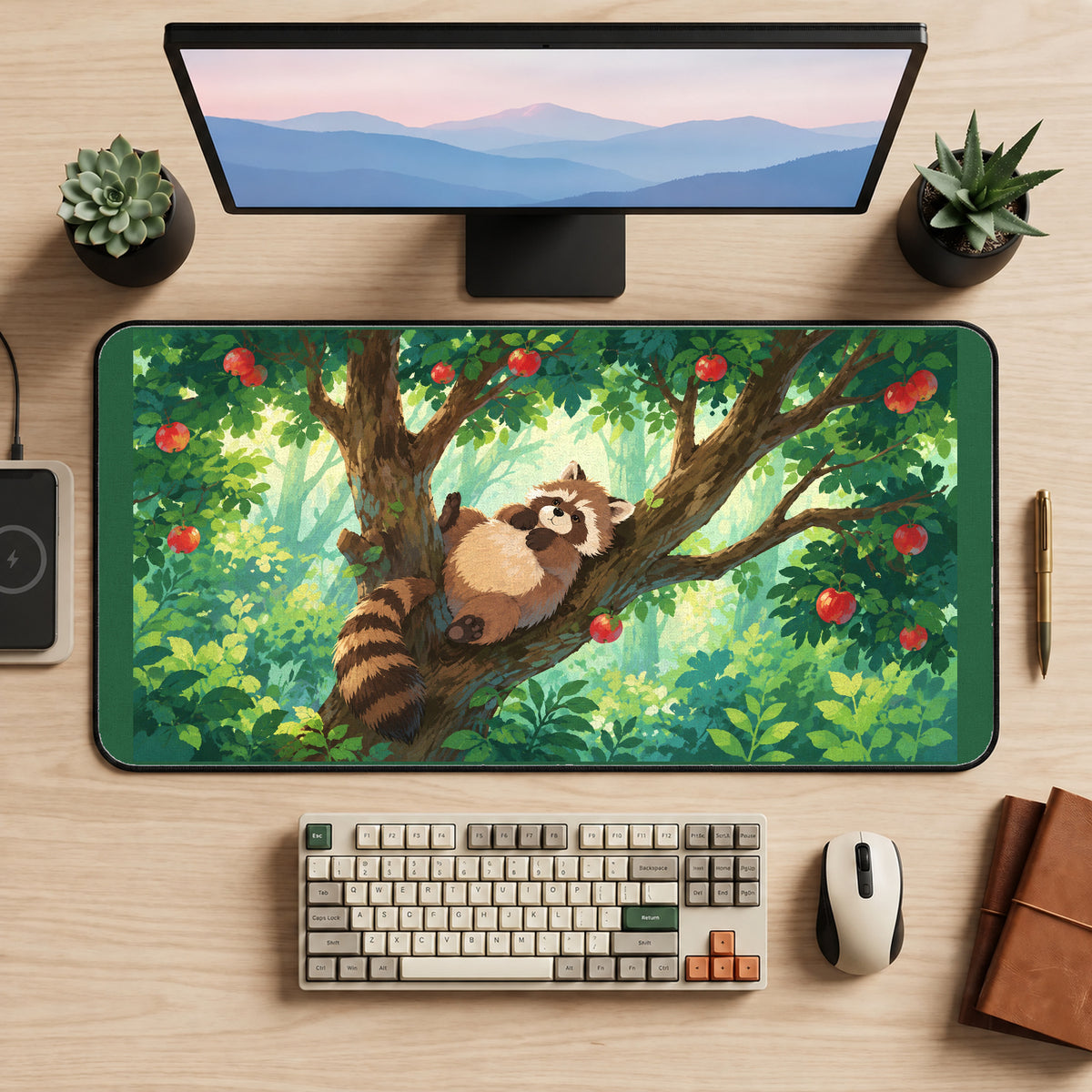 Raccoon in an Apple Tree desk mat — product mockup 2