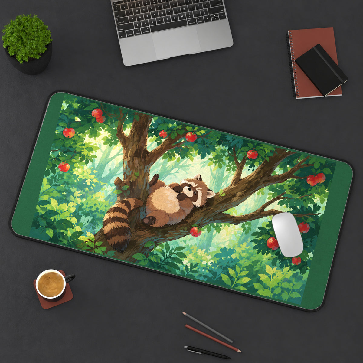 Raccoon in an Apple Tree desk mat — product mockup 3
