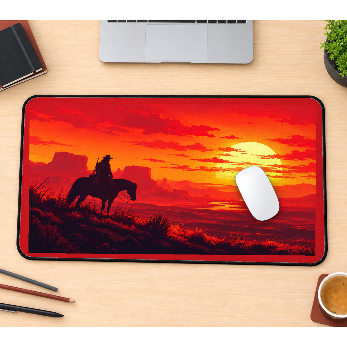 Western Rider at Red Sunset desk mat — product mockup 1