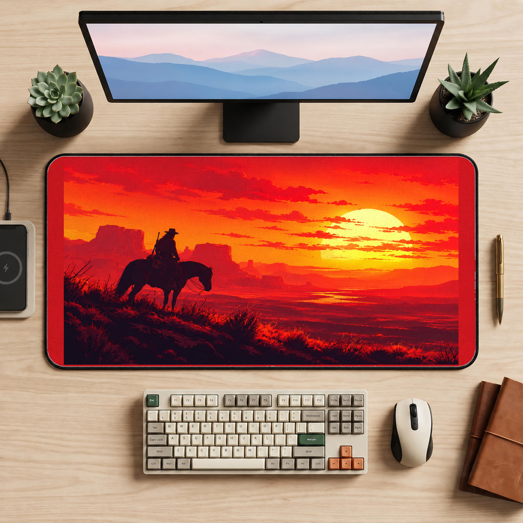 Western Rider at Red Sunset desk mat — product mockup 2