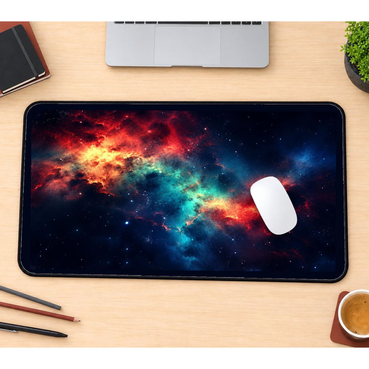 Colorful Nebula in Deep Space desk mat — product mockup 1