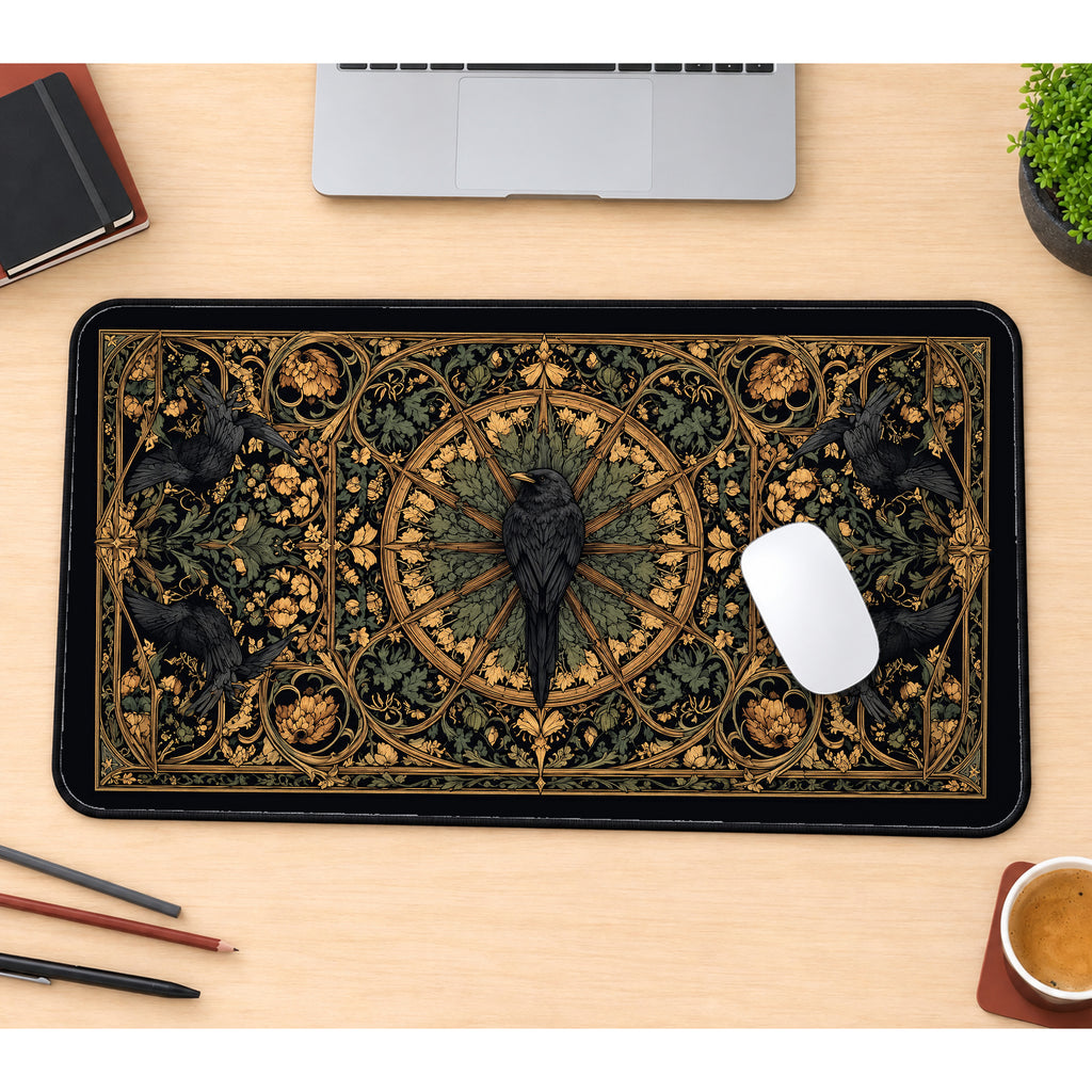 Raven in an Ornate Botanical Circle desk mat — product mockup 1