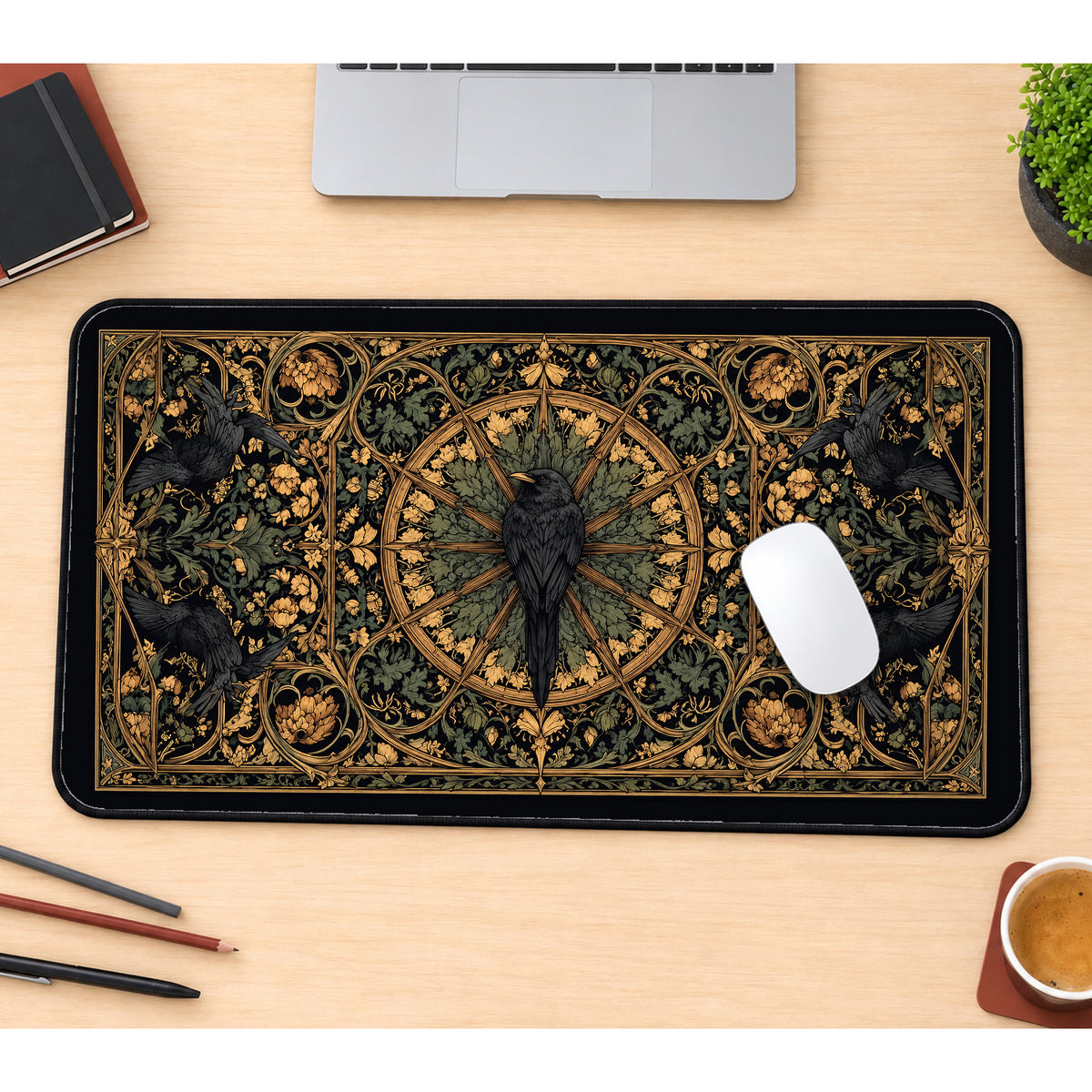 Raven in an Ornate Botanical Circle desk mat — product mockup 1