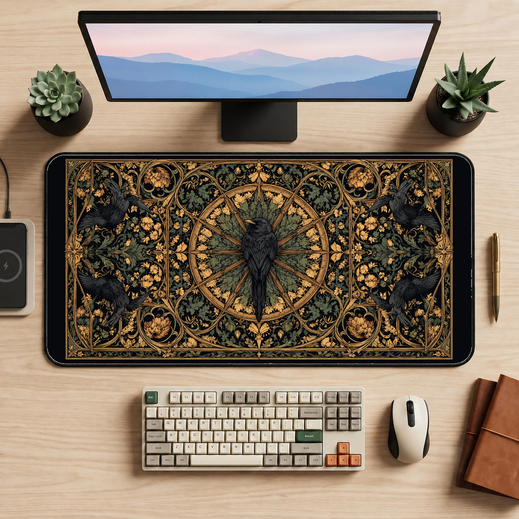 Raven in an Ornate Botanical Circle desk mat — product mockup 2