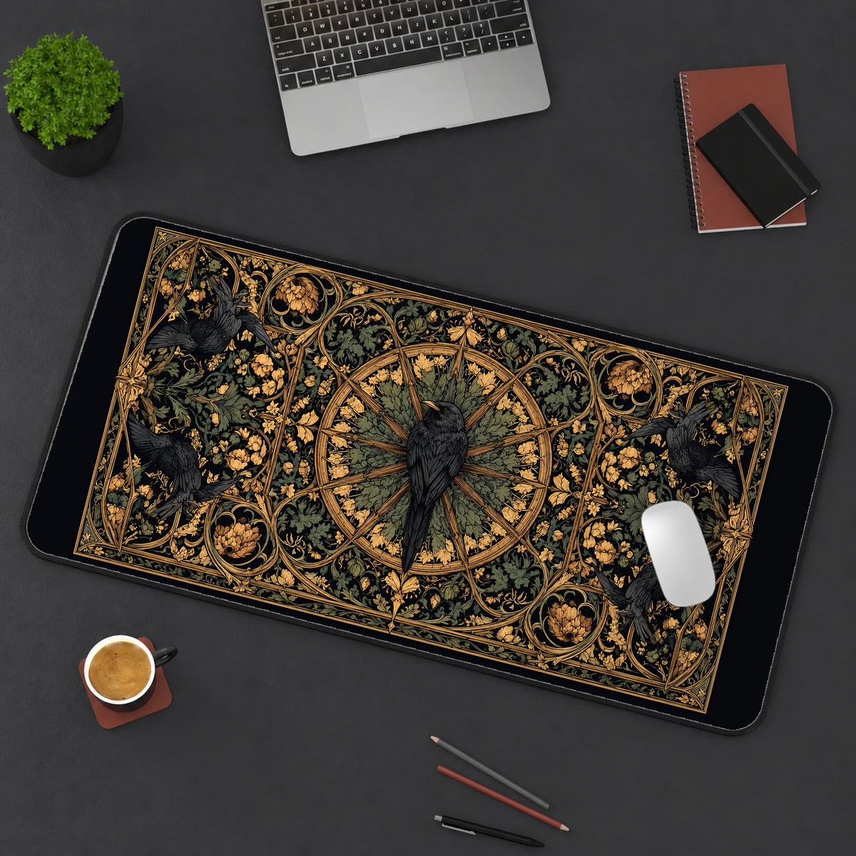 Raven in an Ornate Botanical Circle desk mat — product mockup 3