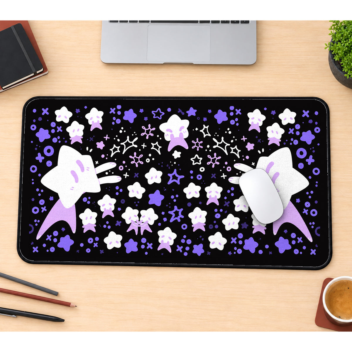 Purple Star Characters on Black desk mat — product mockup 1
