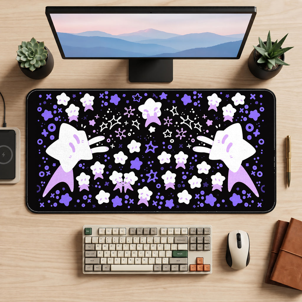 Purple Star Characters on Black desk mat — product mockup 2