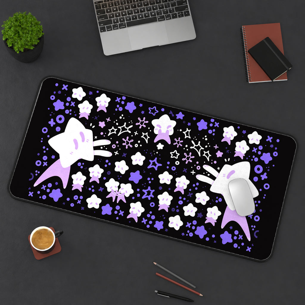 Purple Star Characters on Black desk mat — product mockup 3
