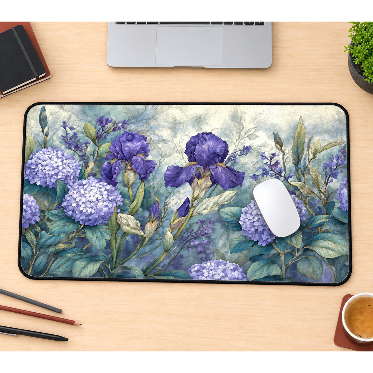 Purple Hydrangeas and Irises Desk Mat — product mockup 1