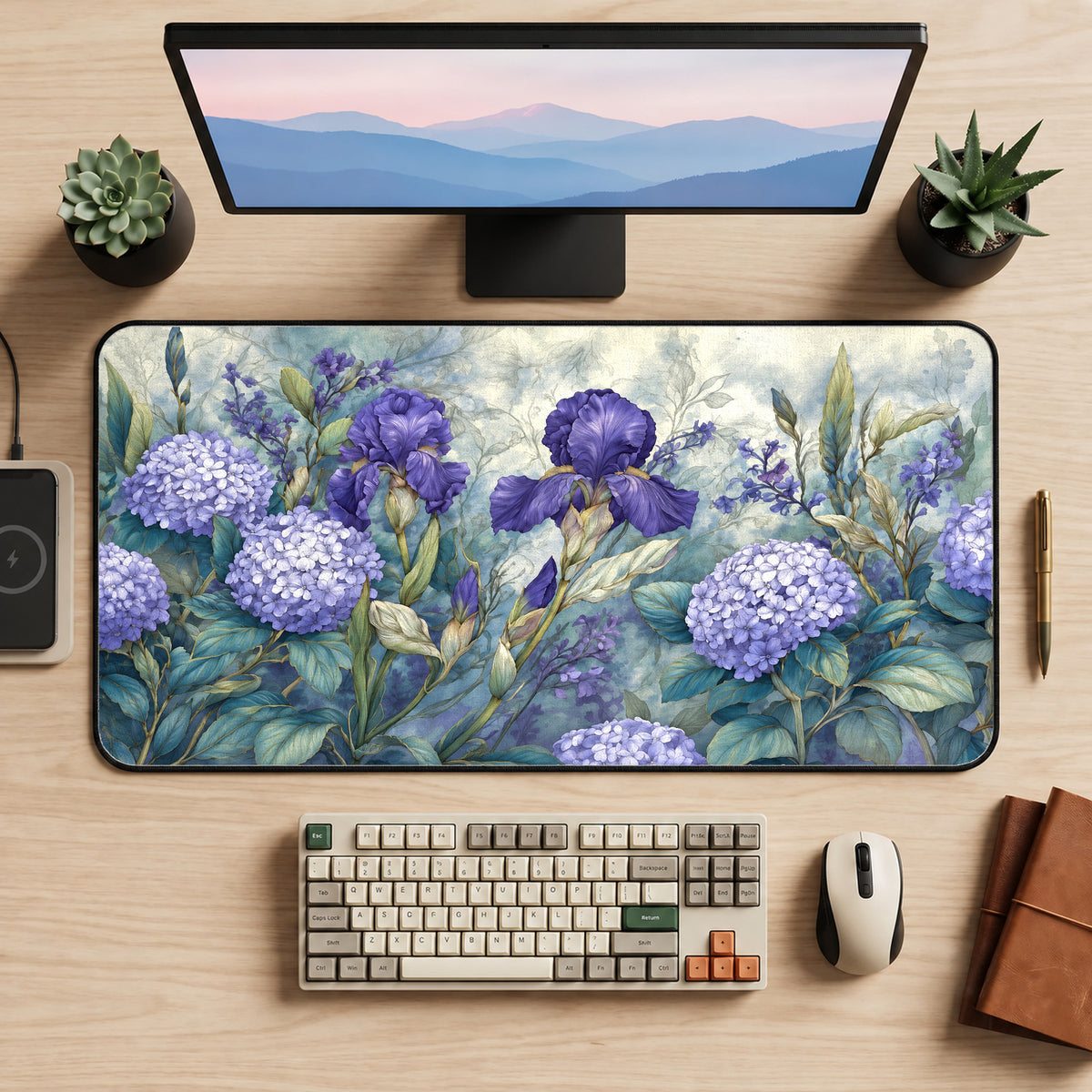 Purple Hydrangeas and Irises Desk Mat — product mockup 2