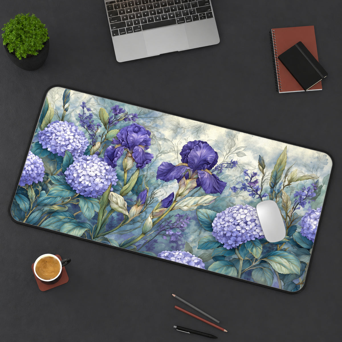 Purple Hydrangeas and Irises Desk Mat — product mockup 3