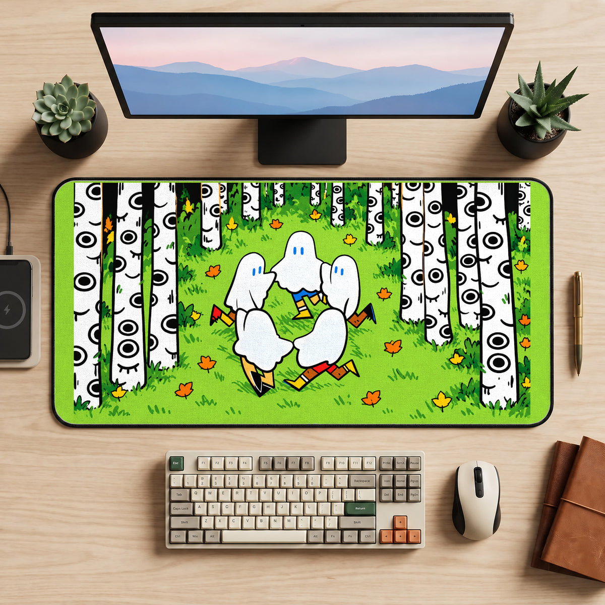 Dancing Ghosts in a Birch Grove desk mat — product mockup 2