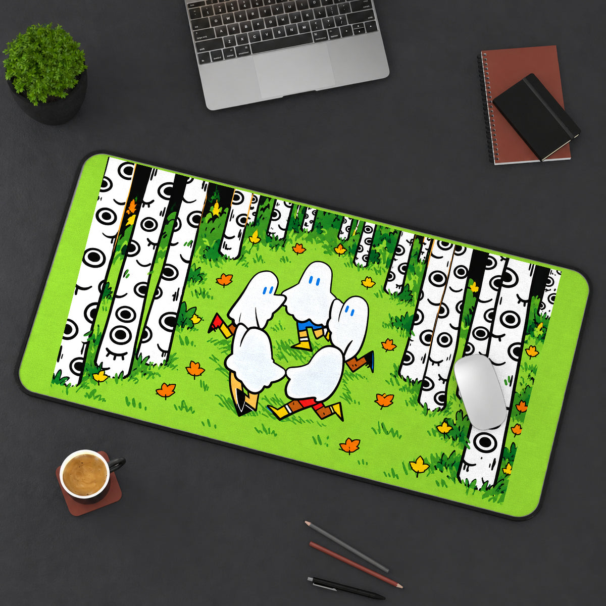 Dancing Ghosts in a Birch Grove desk mat — product mockup 3