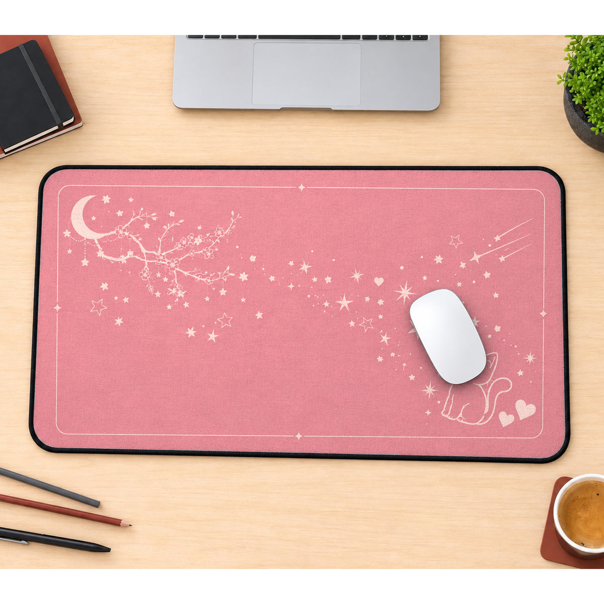 Pink Cat and Sakura Line Art desk mat — product mockup 1
