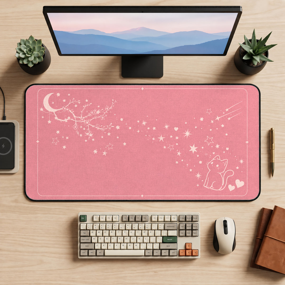 Pink Cat and Sakura Line Art desk mat — product mockup 2