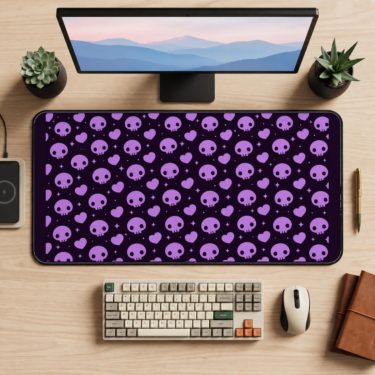 Purple Tiny Skull Pattern desk mat — product mockup 2