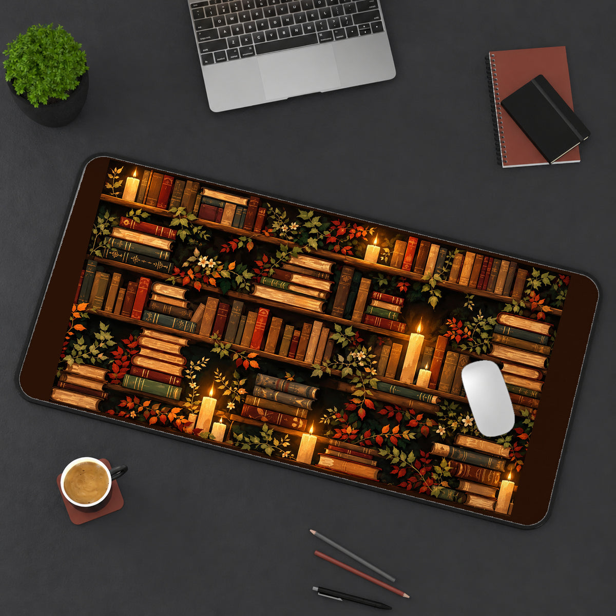 Candlelit Ivy Bookshelves desk mat — product mockup 3