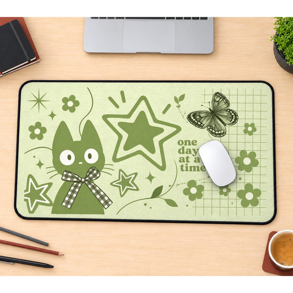 Green Cat and One Day Lettering desk mat — product mockup 1