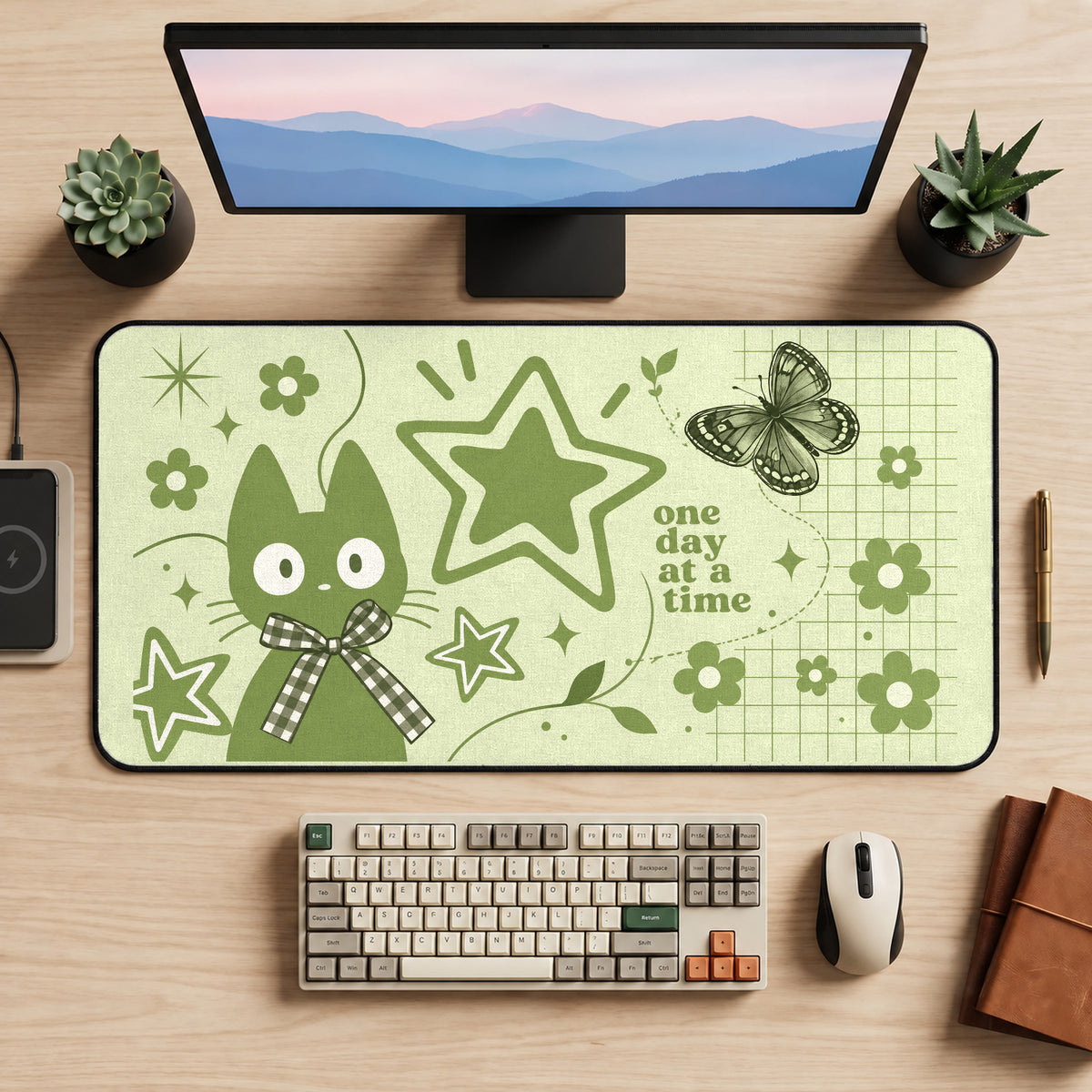 Green Cat and One Day Lettering desk mat — product mockup 2