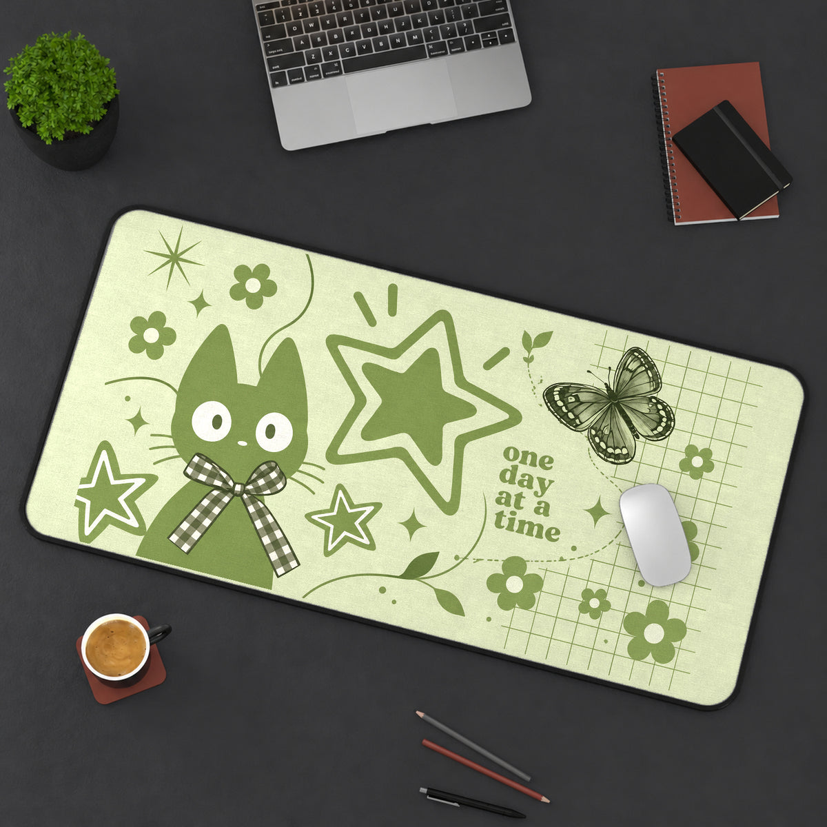 Green Cat and One Day Lettering desk mat — product mockup 3