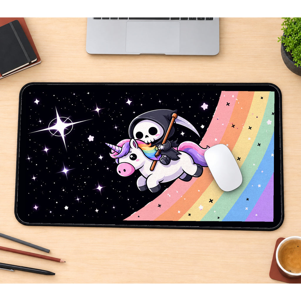 Tiny Reaper Riding a Unicorn desk mat — product mockup 1