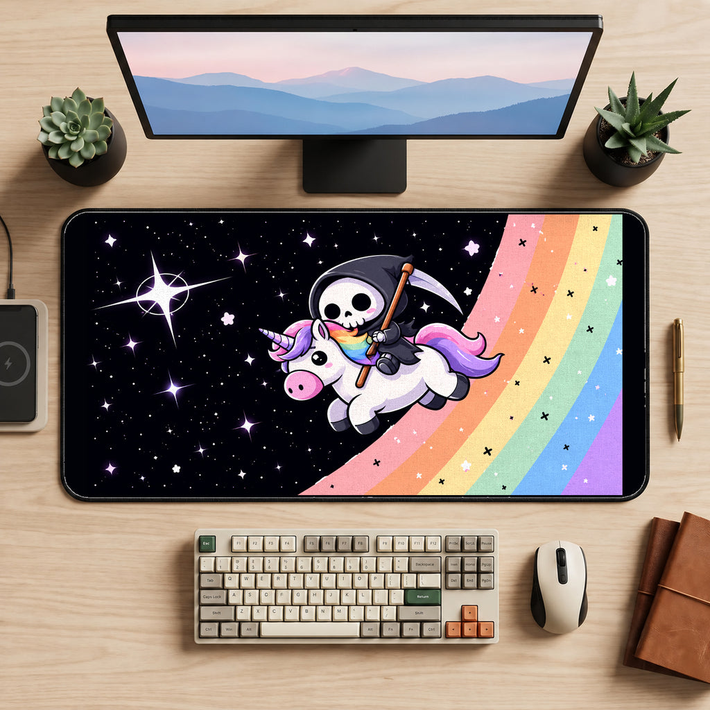 Tiny Reaper Riding a Unicorn desk mat — product mockup 2