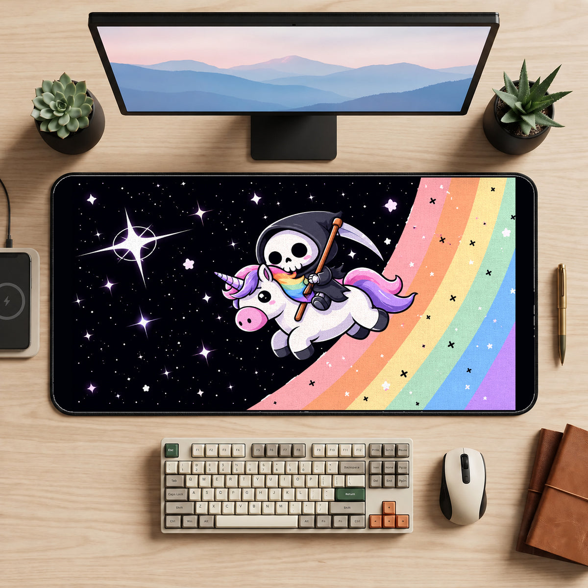 Tiny Reaper Riding a Unicorn desk mat — product mockup 2