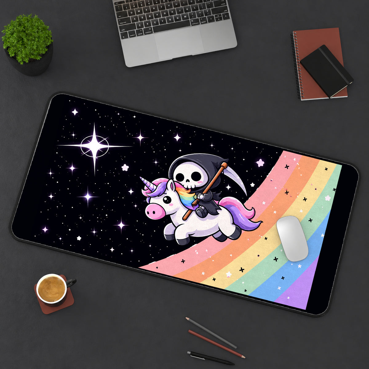 Tiny Reaper Riding a Unicorn desk mat — product mockup 3