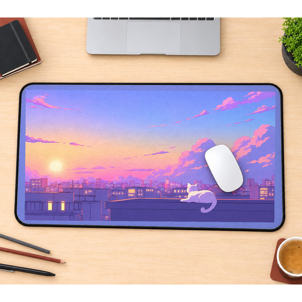 Rooftop Cat at Pastel Sunset desk mat — product mockup 1