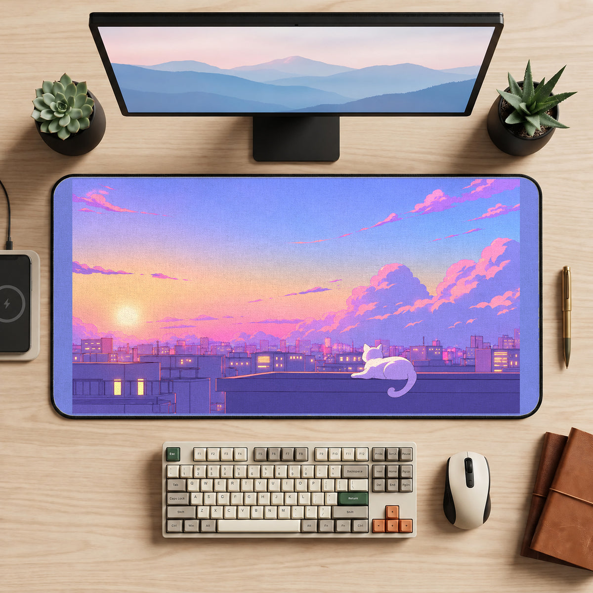 Rooftop Cat at Pastel Sunset desk mat — product mockup 2